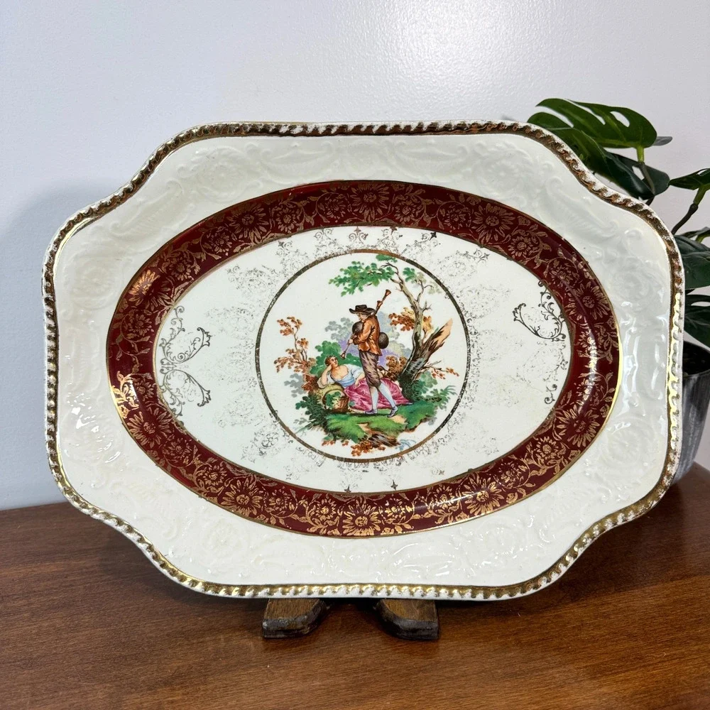 Vintage Atlas China Platter Steubenville Burgundy Gold Romantic Courting Oval